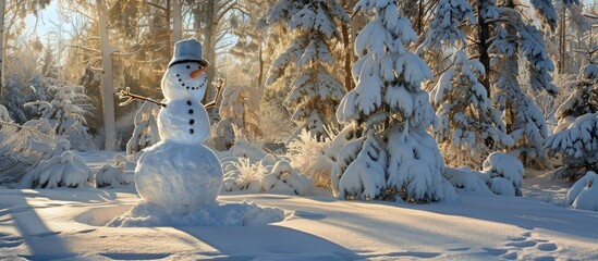 Poster - A snow sculpture of a snowman in a winter setting with a copy space image available