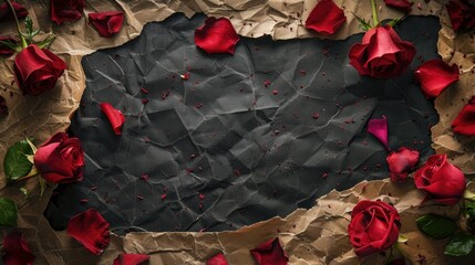 Sticker - Roses and petals on aged paper with black background