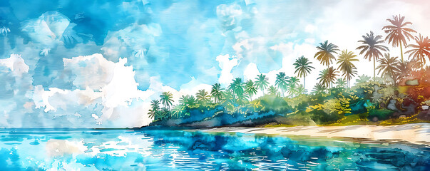 Watercolor painting of  Beautiful tropical beach sand with coconut.