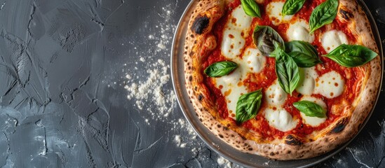 New York style margarita pizza pie thin crispy crust with garlic infused marinara sauce buffalo mozzarella and fresh basil leaves on a copy space image