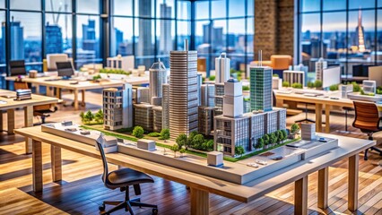 a detailed miniature scale model of a futuristic urban development on a wooden table, surrounded by 