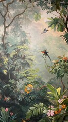 Naklejka na meble Vintage wallpaper of lush rainforest in pastel shades, highlighting songbirds and foxes in the background, oil painting. 