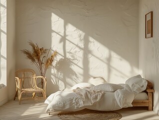 Minimalistic bedroom with a single bed, white linens, and soft natural light, creating a peaceful and serene environment