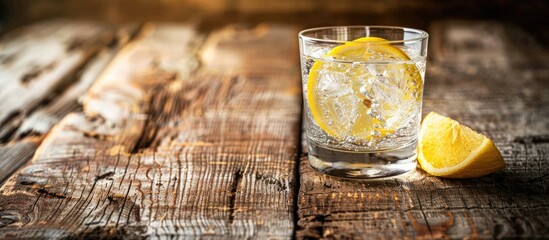 Sticker - Gin and tonic with a lemon slice placed on a wooden table with a background perfect for a copy space image