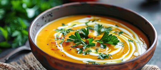 Poster - A bowl of pumpkin soup with a lovely cream swirl topped with parsley displayed on a table with copy space image invitingly ready for consumption