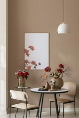 Wall Mural - Stylish and Functional Dining Room Design with Beige Walls, Mockup Poster Table, and Flowers in a Vase