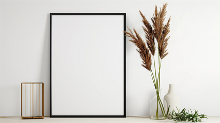 Wall Mural - there is a picture frame and a vase with some plants on a table