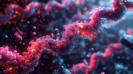 Poster - A microscopic view of an array of CRISPR Cas systems, the genetic tools used for genome editing, being studied in a laboratory setting.