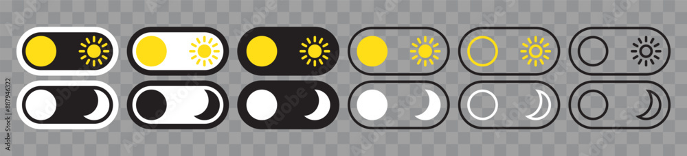 Day and night icons, day and night icon set, day and night vector, thin line, outline, stroke, day and night switch, dark mode, light mode, on and off switch, sun and moon concept, transparent.