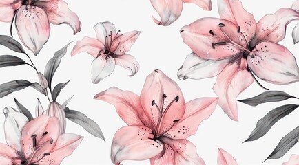 Wall Mural - Watercolor delicate pink lilies on white background, elegant floral pattern design.