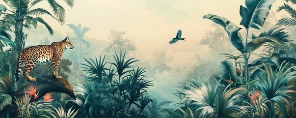 Naklejka na meble Vintage wallpaper of rainforest with lynx and exotic birds, pastel color, oil painting style. 