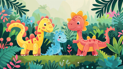 Wall Mural - Playful cartoon dinosaurs in a vibrant prehistoric jungle setting