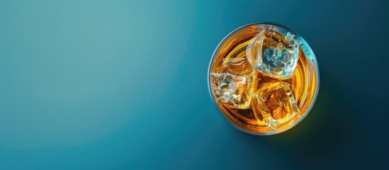 Poster - Top view of a whiskey glass with ice on a black desk against a blue background providing ample copy space image