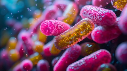 Poster - A close-up image of microorganisms, possibly bacteria, under a microscope. This image is relevant to the research and development of new drugs using microorganisms.