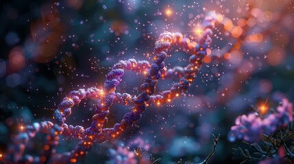 Wall Mural - A close-up digital rendering of synthetic DNA being assembled, with a blurred background of a forest or garden setting.