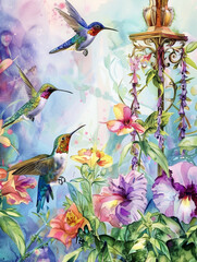 Wall Mural - there are two hummingbirds flying near a bird feeder and flowers