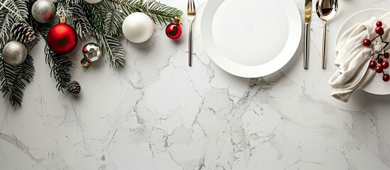 Canvas Print - Christmas table setting displayed elegantly on a light grey marble surface with ample copy space image available