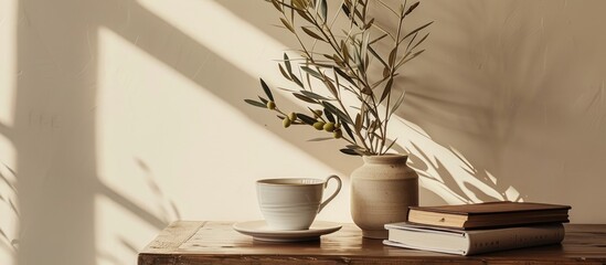 Poster - Scandinavian themed home breakfast setup with a beige vase holding olive branches a cup of coffee and old books on a wooden table against an empty beige wall for copy space image