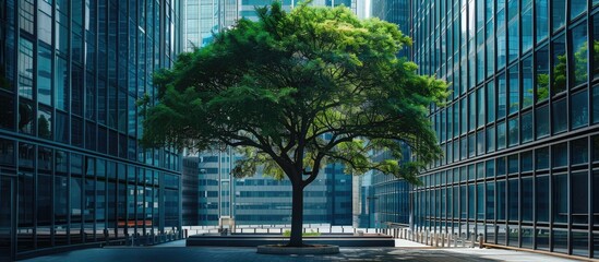 Sticker - A well maintained tree in an urban setting with contemporary buildings in the background suitable for a copy space image