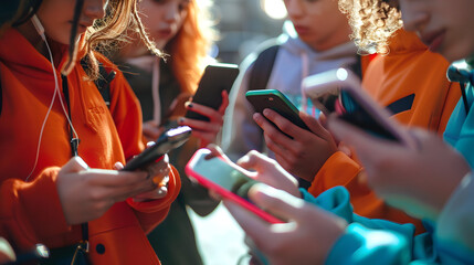 Poster - Close up of a group of young people using smartphone mobile phones together