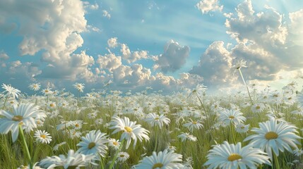 Canvas Print - Daisy Field Under a Blue Sky with White Clouds.