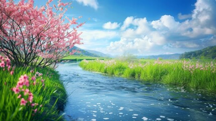 Canvas Print - Springtime Creek with Blooming Cherry Trees.