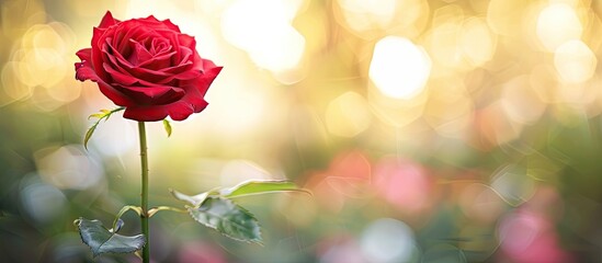 Wall Mural - A red rose standing out in a park setting with a beautifully blurred background perfect for a copy space image