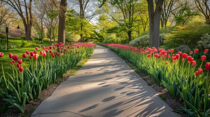 Canvas Print - Pathway Through a Garden of Red Tulips.