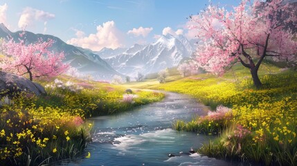 Wall Mural - Serene River Valley with Blossoming Trees.