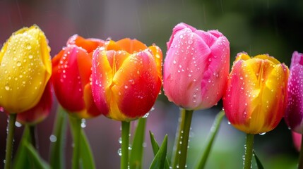 Canvas Print - Colorful Tulips in the Rain.