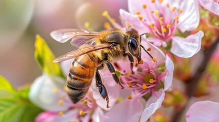 Canvas Print - Honeybee collecting nectar from pink flower.