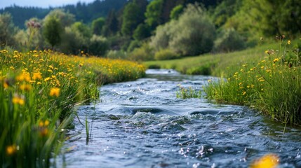 Wall Mural - Stream Flowing Through Wildflowers.