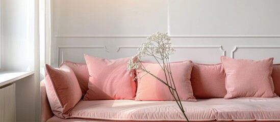 Poster - Cozy living room furnishing including a pink sofa with a row of pillows in a modern simplistic interior design providing a copy space image