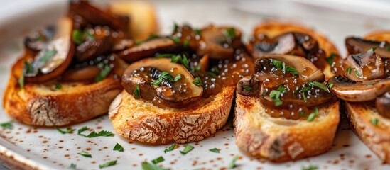 Poster - Selective focus on mushrooms topping bruschetta with homemade mushroom caviar providing a perfect copy space image