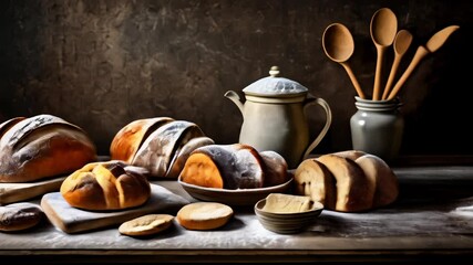 Poster -  Baking Delights  A tableau of freshly baked bread and pastries