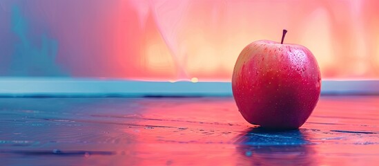 Poster - Close up of a single apple on the table with a neon light in the background creating a captivating composition with copy space image