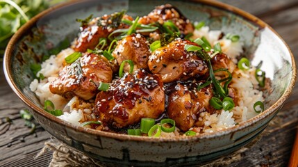 Delicious Asian-inspired dish of glazed chicken and rice in a rustic bowl. Perfect for food blogs, restaurant menus, and culinary magazines. High-quality food photograph ideal for digital and print.