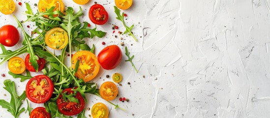 Sticker - Fresh arugula and colorful tomatoes in a healthy vegetable salad for health detox and fitness against a white stone background in top view with copy space image