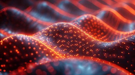 Poster - Abstract digital landscape with red and blue waves, glowing lights, and a blurred background.