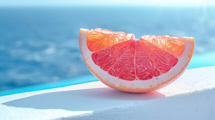 Wall Mural - Grapefruit slice with ocean background in bright sunlight.