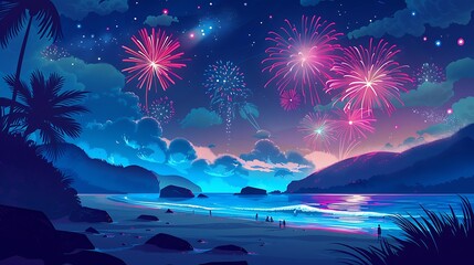 Wall Mural - Fireworks over Tropical Beach