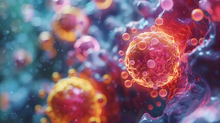 Poster - This image showcases a detailed animation depicting the process of cell replication. It features a close-up view of a cell, highlighted in bright, vibrant colors.