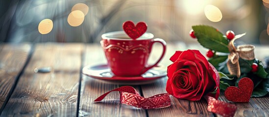 Poster - Valentine s day table setting with a red rose coffee cup heart gift and ribbon on a wooden table with a copy space image