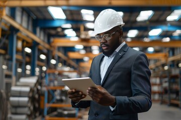 Focused engineer in suit and hard hat working in manufacturing plant with tablet.