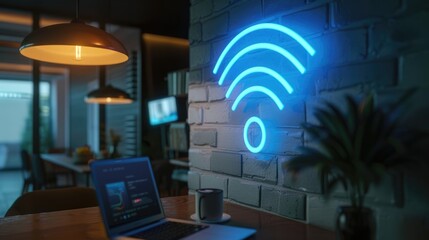 Poster - Blue Wi-Fi symbol glowing on business office wall, laptop on a table, night setting.