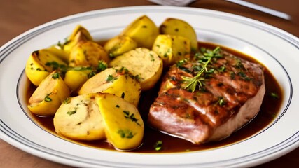 Canvas Print -  Deliciously cooked meat and potatoes ready to be savored