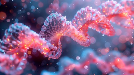 Poster - A detailed animation depicting the assembly of a synthetic molecule, resembling a delicate, glowing structure.