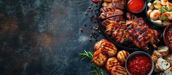 Poster - A variety of delicious grilled meats and spicy snacks are laid out on the table with a copy space image for a food background