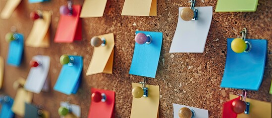 Poster - A memo board showcasing a blank paper memo stickers pinned to a cork board with ample copy space image for business management and educational concepts