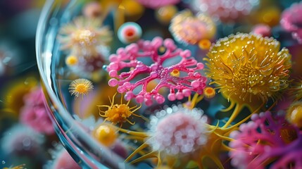 Poster - A close-up view of various colorful microorganisms thriving in a petri dish.